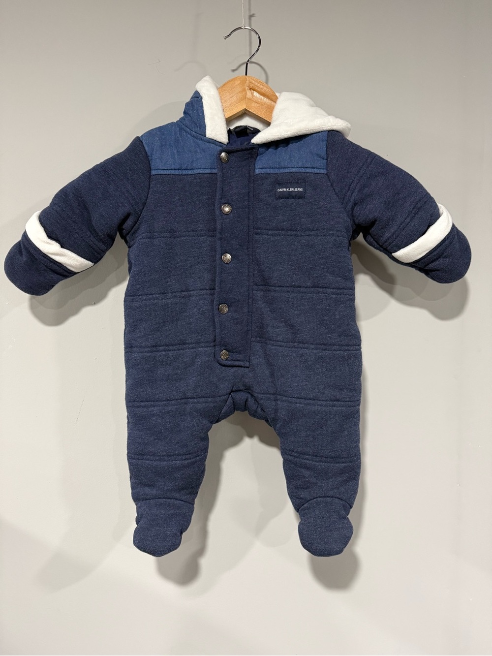 Calvin Klein Jeans Navy and White Quilted Hooded Baby One-Piece